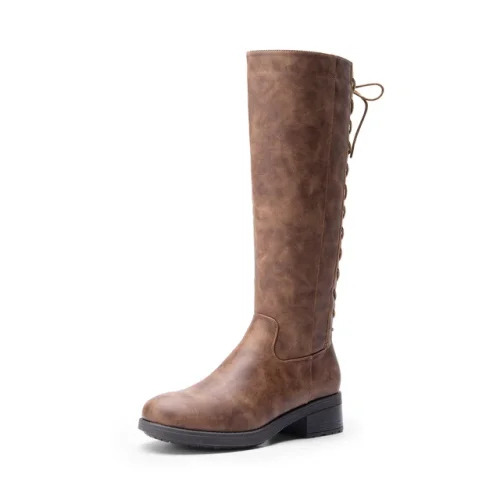 Women Knee High Boots Lace Up Round Toe Side Zipper Low Block Heel Boots