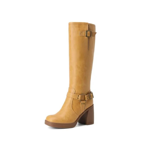Women Knee High Boots Chunky Block Heel Platform Moto Buckle Boots with Side Zipper