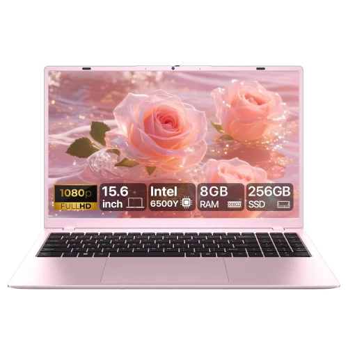 RNRUO 15.6" Pink Laptop Computer, 8GB RAM, 256GB SSD, Intel Pentium Gold 6500Y, FHD IPS Display
