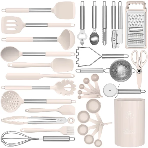 35-Piece Silicone Cooking Utensils Set - Heat Resistant BPA-Free Kitchen Gadgets in Khaki