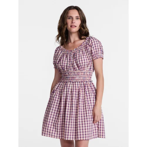 Time and Tru Women's Cotton Peasant Mini Dress With Puff Sleeves, Sizes XS-4X