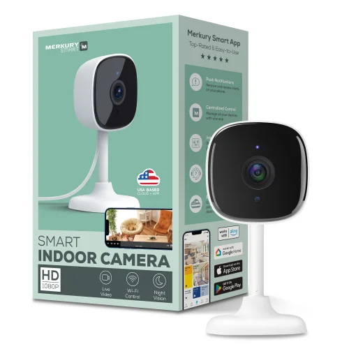 Merkury Smart Indoor Camera 1080p Wi-Fi Security Cam with Night Vision and Two-Way Audio, White