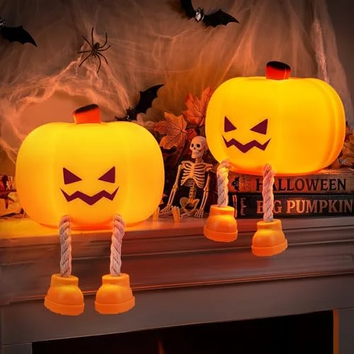 2 Pack BrizLabs Halloween Pumpkin Night Light, Soft Silicone Tap Control Dimmable LED Desk Decor