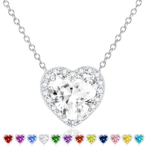 APSVO S925 Sterling Silver Plated Love Heart Necklace with Cubic Zirconia April Birthstone Pendant