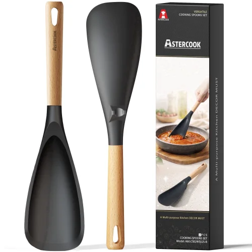 2 Pack Astercook Silicone Cooking Spoons for Nonstick Cookware with Wood Handle and Spoon Rest