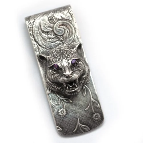 GUCCI G Garden Sterling Silver Feline Money Clip Purple Zircon New Authentic