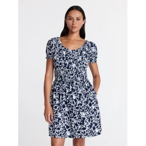 Time and Tru Women's Peasant Mini Dress With Puff Sleeves, Available in Sizes XS Through 4X