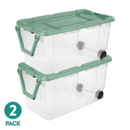 2 Pack Sterilite Extra-Large Wheeled Rugged Storage Bin, 160 Quart Durable Clear Container, Green