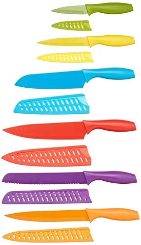 12-Piece Amazon Basics Color-Coded Dishwasher Safe Kitchen Knife Set with Ergonomic Handles