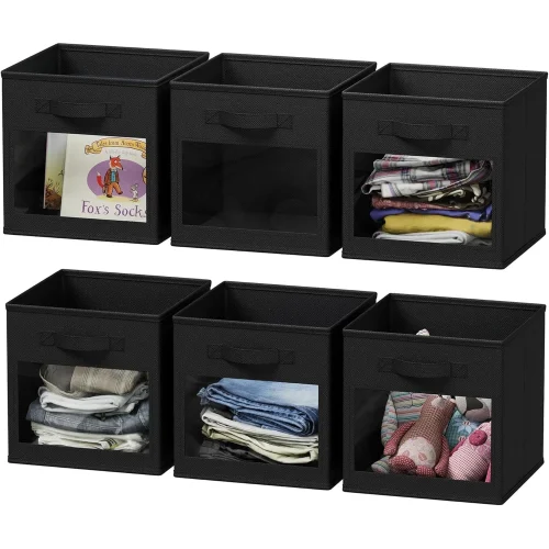 SpaceAid Storage Cubes with Clear Windows, Set of 6 Foldable Fabric Bins, 11 Inch, Black