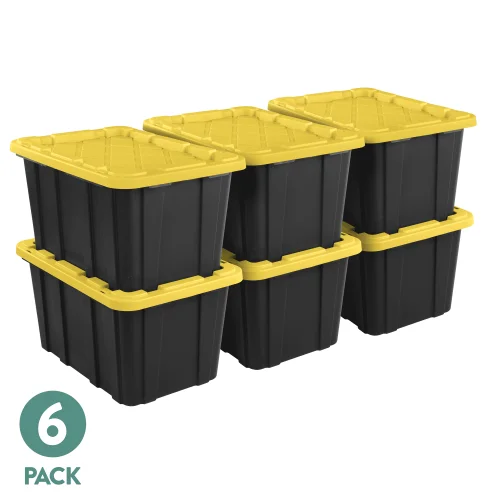 6 Pack Sterilite Large Storage Bin, 27 Gallon Durable Plastic Storage Tote with Snap-On Lid, Black