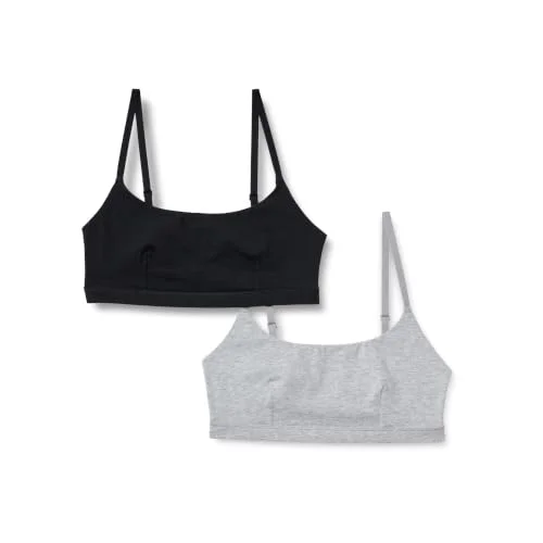 2-Pack Amazon Essentials Women's Cotton Jersey Scoop Bralette, Black / Grey Heather, Medium