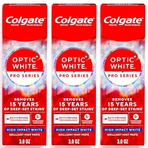 3 Pack Colgate Optic White Pro Series High Impact White Toothpaste, 3.0 oz Brilliant Mint Tubes