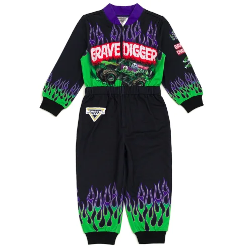 Monster Jam Toddler Boys' Zip-Up Coverall Featuring Grave Digger Graphic Design in Black Fabric