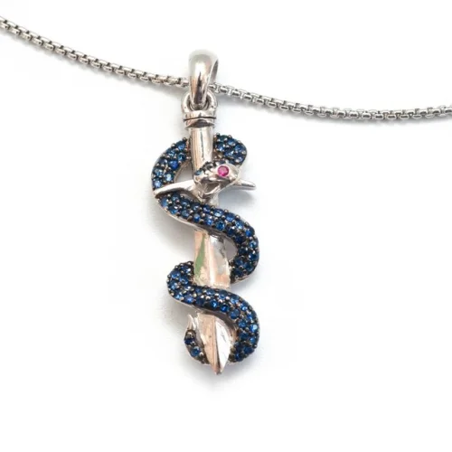 EFFY Men's Sterling Silver Sapphire & Ruby Snake Sword 22" Pendant Necklace New