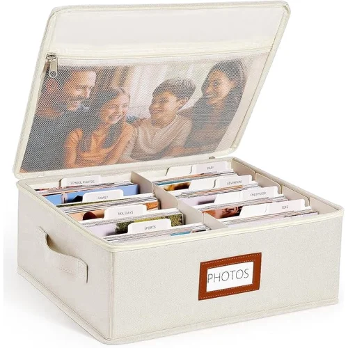 Photo Storage Box with Lid & Dividers, Linen Photo Organizer for up to 2000 4x6 Pictures