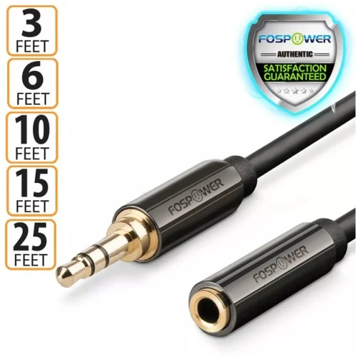 FosPower 3.5mm Male to Female Headphone Stereo Audio Extension Cable in 3, 6, 10, 15, or 25 Feet