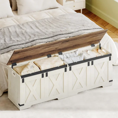 Hzuaneri 59" Extra Large Storage Chest and Bench with Lift Top and Two Safety Hinges, White Brown