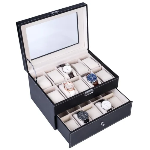 20 Slot 2 Tier Watch Box Leather Display Case Holder with Top Glass for Jewelry Storage
