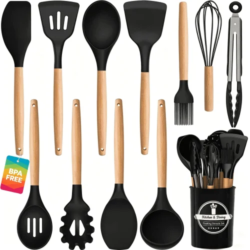 12-Piece Axidou Silicone Cooking Utensils Set with Holder, Heat Resistant Non-Stick Kitchen Tools