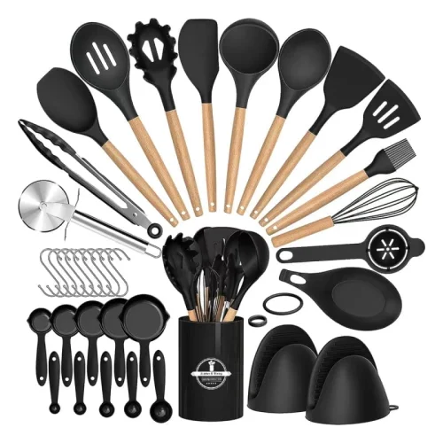 NULAS 37-Piece Non-Stick Silicone Cooking Kitchen Utensils Set with Holder and Wood Handles, Black