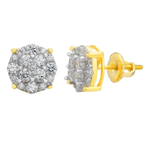 Real Solid 925 Silver Hip Hop Men's Round Stud Earrings with 14k Gold Plating and Iced CZ Stones