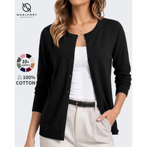 QUALFORT Women's 100% Cotton Lightweight Button-Front Cardigan Sweater, Crew Neck Long Sleeve, Black L