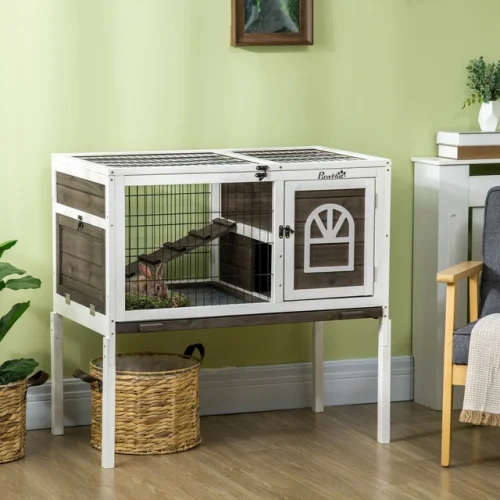 Wooden Rabbit Hutch Indoor Guinea Pig Cage with Removable Tray and Openable Roof
