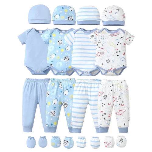 16pcs KIMI BEAR Newborn Baby Boys Outfits Sets 4 Packs 0-3 Months Summer Clothes with Hats Mittens