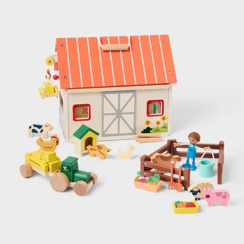 Gigglescape Wooden Fold Up Barn Set Carrier w/ Animals Tractor & Accessories