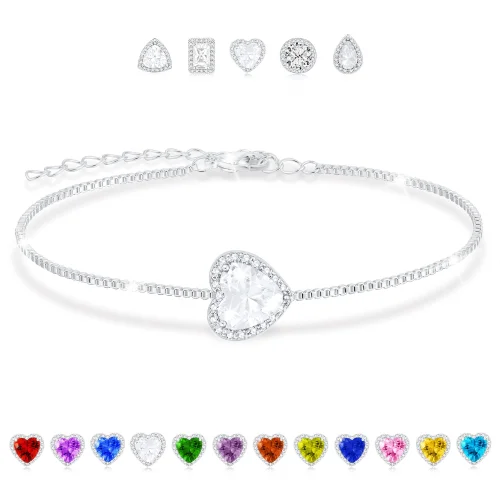 APSVO S925 Sterling Silver Plated Love Heart Charm Bracelet with April Birthstone Cubic Zirconia