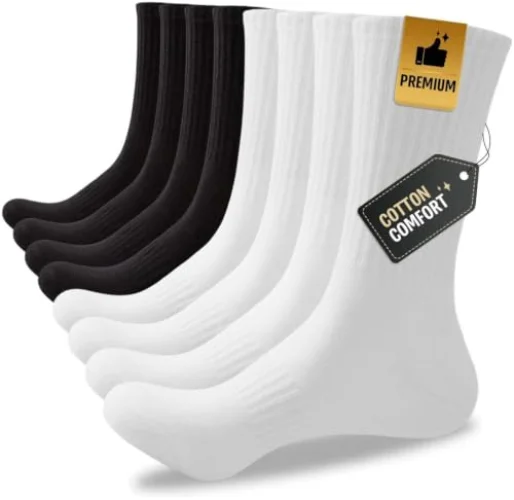 Mens Crew Socks Cushioned Cotton Running Gym Long Socks White/Black Size 9-11