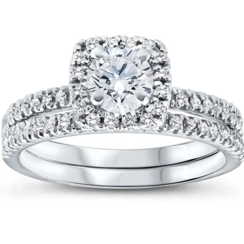 VS 5/8 Ct Lab Grown Diamond Cushion Halo Engagement Wedding Ring Set in White Gold