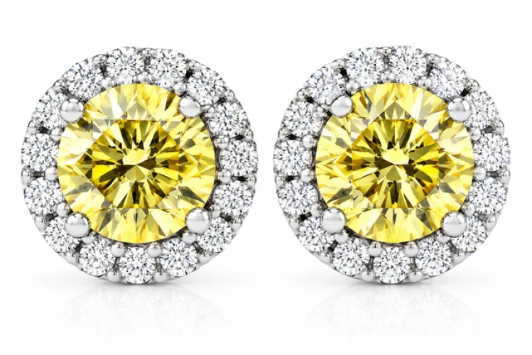 1/2 Ct Halo Fancy Canary Yellow Lab Grown Diamond Studs in White Gold Earrings