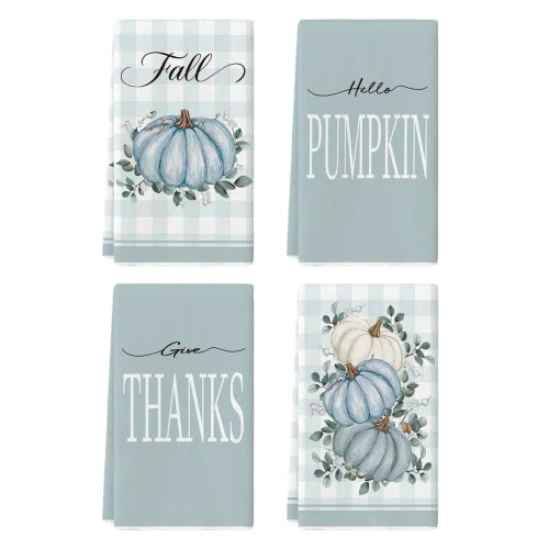 4-Pack Sm:)e Give Thanks Eucalyptus Leaves Watercolor Blue Pumpkins Fall Kitchen Dish Towels, 18x26