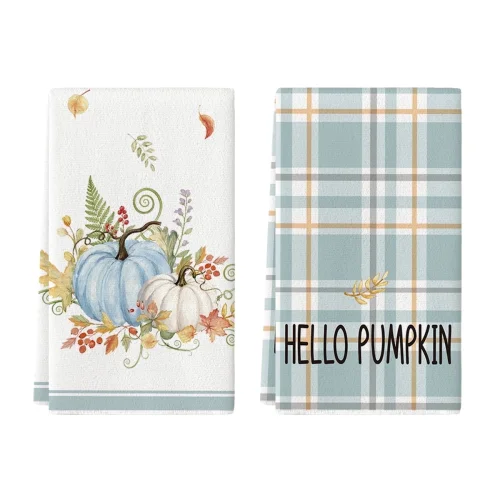 2-Pack Sm:)e White Pumpkin Leaves Fall Thanksgiving Kitchen Dish Towels, 18x26 Inch Decorative Set
