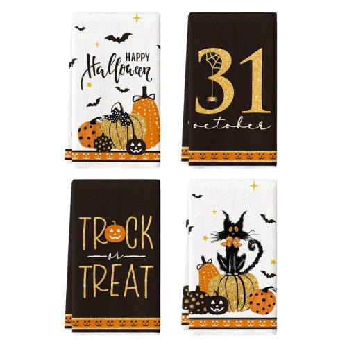 4 Set Sm:)e Trick or Treat Bat Pumpkins Black Cat Oct 31 Halloween Kitchen Dish Towels 18 x 26