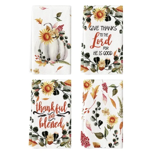 4-Piece Sm:)e Give Thanks to the Lord for He is Good Fall Thanksgiving Kitchen Dish Towel Set