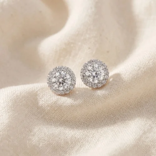 F/VS 3Ct Round Halo Diamond Studs 14k White Gold Lab Grown 11.5mm
