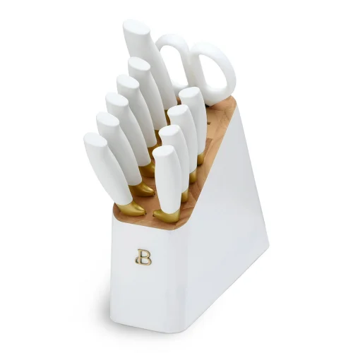 Beautiful by Drew Barrymore 12-Piece Cutlery Set with Block, White and Gold Finish
