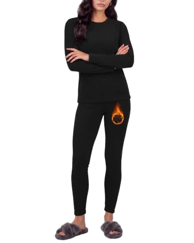 TNNZEET Two Piece Set for Women, Fleece Lined Thermal Underwear and Leggings, Black, Size XL