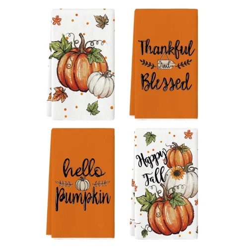 4-Piece Sm:)e Bless Home Maple Leaves and Pumpkins Fall Kitchen Dish Towels, 18x26 Inch Washcloths