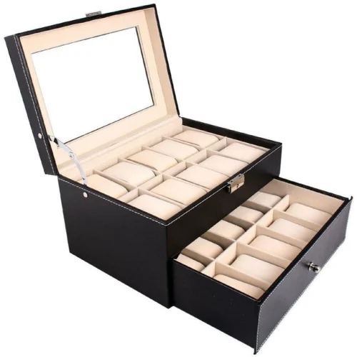 Large 20 Slot Leather Watch Box Case Organizer with Glass Display for Jewelry Storage
