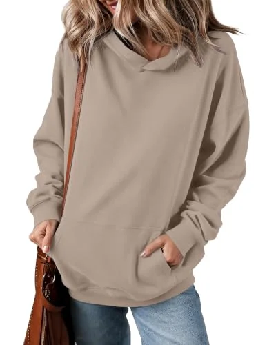Oversized Women's Pullover Hoodie Sweatshirt with Kangaroo Pocket in Coffeegrey, Size 2XL