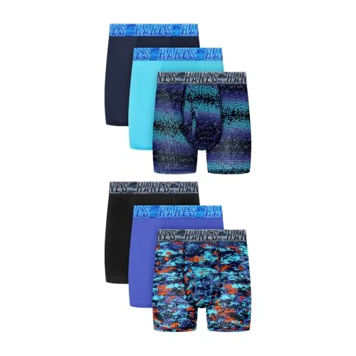 6-Pack Hanes Boys' Moves Performance Underwear Boxer Briefs, Moisture Wicking Mesh, Medium Blue/Black