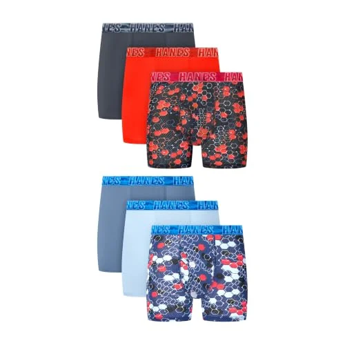 6-Pack Hanes Boys' Moves Performance Underwear Boxer Briefs, All Over Mesh Moisture Wicking, Large