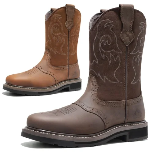 Men's Steel Toe Western Cowboy Boots with Square Toe Leather Construction