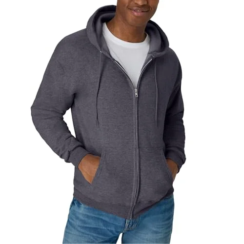 Hanes Men's Full-Zip Eco-Smart Hoodie, Charcoal Heather, Large