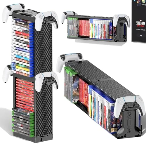 Video Game Disc Rack Tower Storage Holder Stand Universal for PS5/PS4/XBOX One/Series/NS Game, Game Organizer Shelf Display Stand for Wall Mount/Desk/Floor with Controller Holder Sega Genesis Consoles
