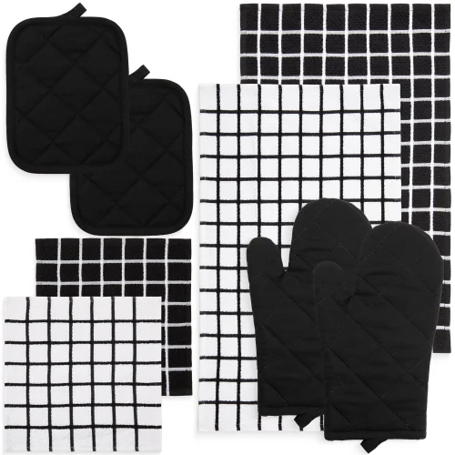 8-Piece Mainstays Cotton Kitchen Towel, Dishcloth, Oven Mitt, and Potholder Set in Black